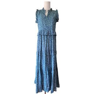 LIVRO Blue Floral Vine Maxi Dress Small Tiered Ruffle Boho Cotton Sleeveless